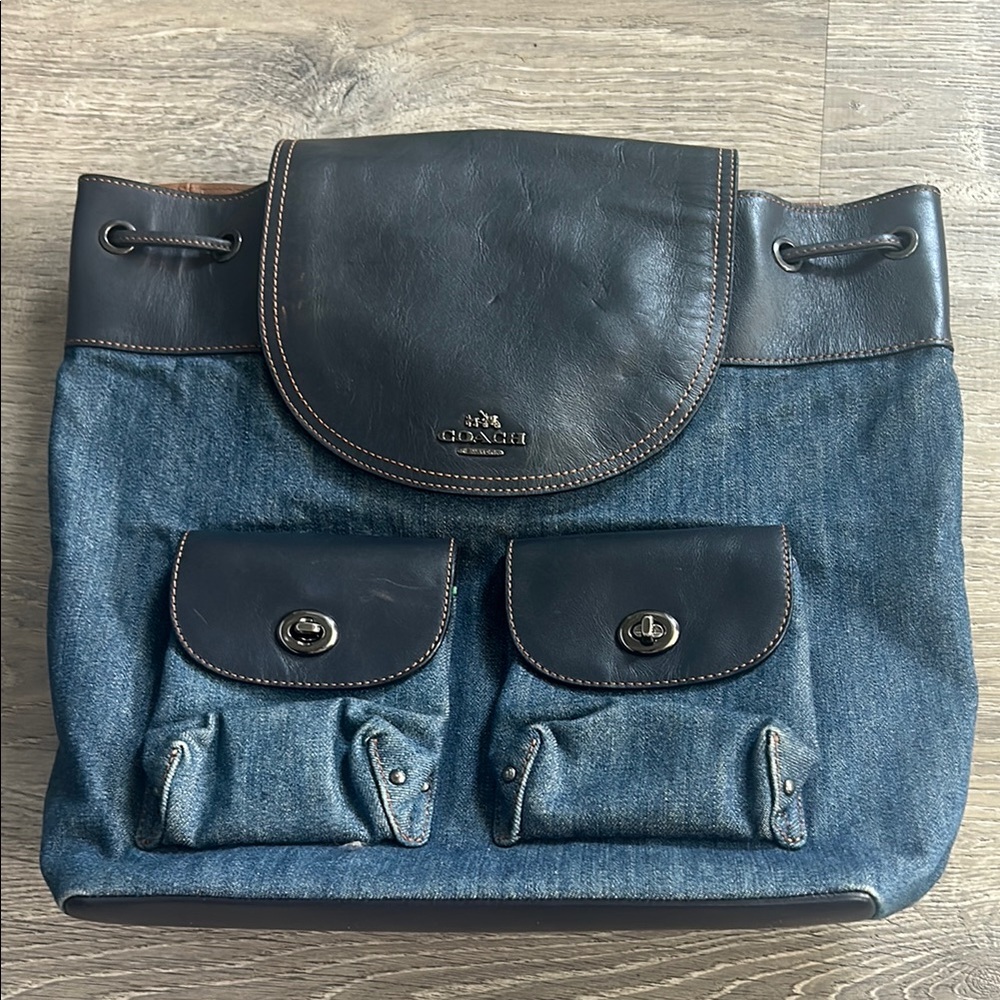 Coach Blue and Black Backpack with Leather Accents